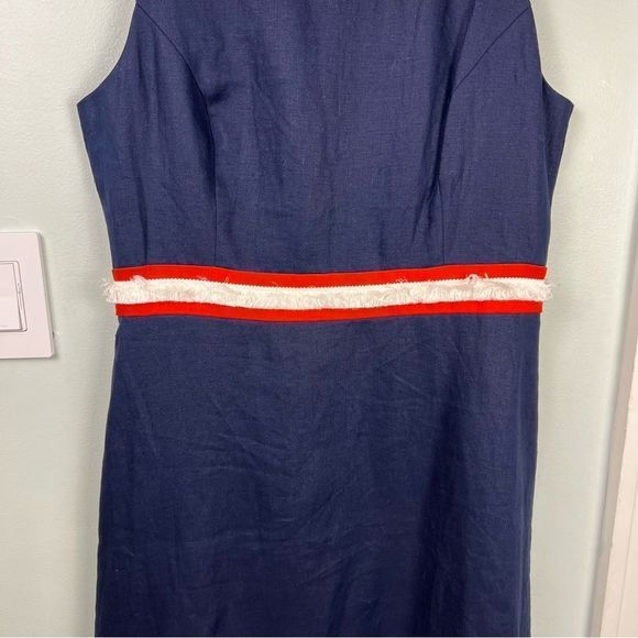 Sail to Sable Raw Trim Details Blue Red Linen Dress Size 10 - Picture 7 of 12